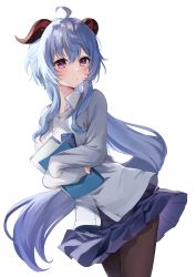 Rule 34 | 1girl, absurdres, ahoge, ayatsuki hina, black pantyhose, blue hair, blue skirt, blush, book, breasts, cardigan, commentary request, cowboy shot, crossed bangs, from side, ganyu (genshin impact), genshin impact, hair over shoulder, head tilt, highres, holding, holding book, horns, long hair, long sleeves, looking at viewer, low ponytail, pantyhose, pencil case, pleated shirt, pleated skirt, purple eyes, red horns, school uniform, shirt, sidelocks, skirt, sleeves past wrists, solo, very long hair, white cardigan, white shirt