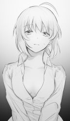 Rule 34 | 1girl, ahoge, artoria pendragon (all), artoria pendragon (fate), blush, breasts, cleavage, closed mouth, collarbone, collared shirt, dress shirt, fate/stay night, fate (series), gradient background, greyscale, hair between eyes, highres, looking at viewer, monochrome, open clothes, open shirt, saber (fate), shirt, short hair, small breasts, solo, suzuakks, sweatdrop, upper body, wing collar