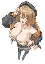 Rule 34 | 1girl, absurdres, ahoge, anis (nikke), black hat, black jacket, black thighhighs, blush, breasts, brown eyes, brown hair, cleavage, goddess of victory: nikke, hat, highres, jacket, large breasts, long sleeves, looking at viewer, off shoulder, one eye closed, open mouth, shiki (love-saber), short hair, smile, solo, thighhighs, yellow jacket