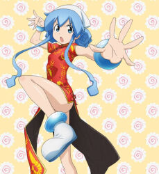Rule 34 | 1girl, alternate costume, alternate hairstyle, blue eyes, blue hair, boots, breasts, china dress, chinese clothes, dot nose, dress, hat, ikamusume, legs, matching hair/eyes, open mouth, shinryaku! ikamusume, small breasts, solo, squid hat, standing, standing on one leg, stitched, tentacle hair, thighs, third-party edit
