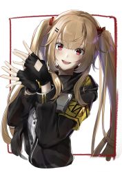 Rule 34 | 1girl, armband, black jacket, bow, fingerless gloves, girls&#039; frontline, gloves, hair between eyes, hair ornament, hairclip, hands up, highres, hood, hood down, hooded jacket, jacket, light brown hair, long hair, looking at viewer, open clothes, open jacket, open mouth, pirapirapirapira, red bow, red eyes, red ribbon, ribbon, scar, scar across eye, scar on face, solo, twintails, ump9 (girls&#039; frontline)