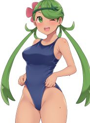 Rule 34 | 1girl, ;d, amane hasuhito, blue one-piece swimsuit, breasts, creatures (company), dark-skinned female, dark skin, flower, game freak, green eyes, green hair, hair flower, hair ornament, long hair, looking at viewer, mallow (pokemon), medium breasts, nintendo, one-piece swimsuit, one eye closed, open mouth, pokemon, pokemon sm, simple background, smile, solo, swimsuit, teeth, thighs, twintails, upper teeth only, wet, white background