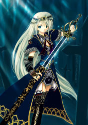 Rule 34 | 1girl, arm guards, armor, armored dress, blonde hair, blue background, blue eyes, blue theme, breasts, chain, cleavage, cross, fantasy, gloves, graveyard, headband, headdress, knight, lace, latin cross, light brown hair, long hair, medieval, mikazukimo, sheath, solo, surcoat, sword, thighhighs, thighs, unsheathing, weapon, white hair, zettai ryouiki