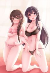 Rule 34 | 10s, 2girls, :d, agano (kancolle), areola slip, bare arms, bare legs, bare shoulders, barefoot, black bra, black eyes, black hair, black panties, blush, bow, bow bra, bow panties, bra, braid, breasts, brown hair, cleavage, green eyes, halterneck, halterneck, highleg, highleg panties, highres, kantai collection, lace, lace-trimmed bra, lace trim, large breasts, long hair, looking at viewer, multiple girls, navel, nicoby, noshiro (kancolle), open mouth, panties, pink bra, pink panties, plaid, plaid panties, see-through, skindentation, smile, underwear, underwear only