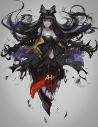 Rule 34 | 10s, 1girl, abyssal ship, bare shoulders, black bow, black hair, blunt bangs, bow, claws, full body, gradient background, grey background, hair bow, highres, hkj0230, kantai collection, long hair, looking at viewer, md5 mismatch, red eyes, resolution mismatch, seaplane tender princess, smile, solo, source smaller, text focus, tongue