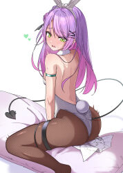 Rule 34 | 1girl, alternate costume, alternate hairstyle, animal ears, ass, breasts, commentary request, eru (l illust45), fake animal ears, fishnet pantyhose, fishnets, green eyes, hair ornament, hairclip, headband, heart, heavy breathing, highres, hololive, leotard, looking at viewer, pantyhose, pillow, playboy bunny, sitting, small breasts, solo, sweat, tail, tokoyami towa, virtual youtuber, white background