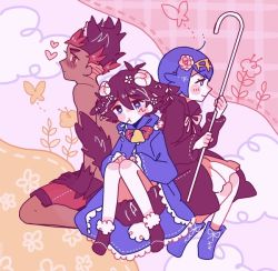 Rule 34 | 1girl, 2boys, ash ketchum, blue eyes, blue hair, blush, blush stickers, boots, bright pupils, brown hair, catsubun (kkst0904), closed mouth, commentary, creatures (company), dark-skinned male, dark skin, flower, game freak, hair flower, hair ornament, hairband, heart, holding, kiawe (pokemon), knees together feet apart, lana (pokemon), mouth hold, multicolored hair, multiple boys, nintendo, no sclera, pokemon, pokemon (anime), pokemon sm (anime), red eyes, red shorts, short hair, shorts, topless male, two-tone hair, white pupils, yellow hairband