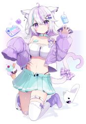 Rule 34 | 1girl, absurdres, ahoge, animal ears, aqua choker, aqua skirt, bare shoulders, belt, black panties, breasts, cat ears, cat tail, choker, chon (chon33v), claw pose, cleavage cutout, closed mouth, clothing cutout, colored inner hair, commentary request, crop top, expressionless, hair ornament, hairclip, hand up, heart, heart tail, highleg, highleg panties, highres, indie virtual youtuber, jacket, large breasts, legs up, long sleeves, looking at viewer, midriff, miniskirt, miruku ice, mole, mole on breast, multicolored hair, nail polish, navel, off shoulder, open clothes, open jacket, panties, panty peek, pleated skirt, purple eyes, purple jacket, purple nails, purple socks, shirt, short hair, single strap, single thighhigh, skindentation, skirt, sleeveless, sleeveless shirt, sleeves past fingers, sleeves past wrists, slippers, socks, solo, sparkling eyes, stomach, streaked hair, string panties, symbol-shaped pupils, tail, thigh belt, thigh strap, thighhighs, thighs, underwear, virtual youtuber, white hair, white shirt, white thighhighs, zipper