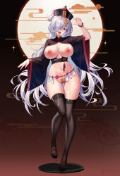 Rule 34 | 1girl, absurdres, alternate costume, black hat, black thighhighs, blue eyes, breasts, commentary request, condom, condom belt, cum, cum on body, full body, genshin impact, grey hair, hair bun, hair over one eye, hat, highres, jiangshi, large breasts, looking at viewer, navel, nipples, one eye covered, open mouth, pelvic curtain, qingdai guanmao, shan far, shenhe (genshin impact), smile, solo, standing, thighhighs, thighs, tongue, tongue out, used condom, wide sleeves