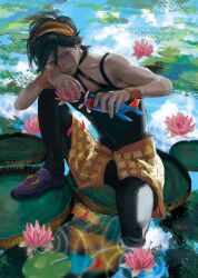 Rule 34 | 1boy, bare shoulders, black hair, blue eyes, commentary request, danart14020, feet, flower, flower knot, hairband, highres, holding, jojo no kimyou na bouken, legs, lily pad, looking at object, lotus leaf, narancia ghirga, outdoors, pants, pink flower, realistic, short hair, skirt, smile, solo, toy, toy airplane, vento aureo, water, water lily flower, wristband