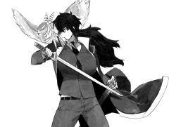 1girl ace_attorney animal animal_on_shoulder belt bird bird_on_shoulder black_coat black_hair black_necktie black_pants breasts coat cowboy_shot damalinya feather_in_mouth genderswap genderswap_(mtf) grey_eyes hawk high_collar highres holding holding_sword holding_weapon large_breasts long_hair looking_to_the_side low_ponytail monochrome multicolored_hair necktie open_clothes open_coat pants partially_unbuttoned phoenix_wright:_ace_attorney_-_dual_destinies runny_makeup serious sheath simon_blackquill simple_background solo sword taka_(ace_attorney) two-tone_hair unsheathing very_long_hair vest waistcoat weapon white_background white_hair