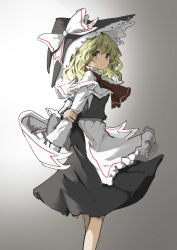 Rule 34 | 1girl, absurdres, apron, arms behind back, black dress, black hat, blonde hair, blush, bow, capelet, closed mouth, dress, feet out of frame, frilled dress, frills, gradient background, grey background, hand on own arm, hat, hat bow, highres, kirisame marisa, long sleeves, looking at viewer, looking to the side, medium hair, perfect cherry blossom, red neckwear, red scarf, sancking (fatekl), sash, scarf, smile, solo, touhou, waist apron, white apron, white background, white bow, white sash, witch hat, yellow eyes