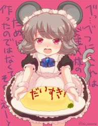 Rule 34 | 1girl, alternate costume, animal ears, apron, ascot, blush, bow, food, frills, grey hair, iris anemone, jpeg artifacts, looking at viewer, maid, maid apron, maid headdress, mouse ears, mouse tail, nazrin, omelet, omurice, open mouth, outstretched arms, pink background, plate, puffy short sleeves, puffy sleeves, red eyes, short hair, short sleeves, simple background, solo, standing, sweatdrop, tail, text background, text focus, touhou, translation request, tsundere, twitter username, wavy mouth, wrist cuffs