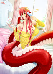 Rule 34 | 10s, 1girl, breasts, brushing, brushing hair, brushing own hair, brushing teeth, controller, female focus, hair between breasts, hair brush, hair ornament, hairclip, highres, holding, holding with tail, lamia, large breasts, long hair, miia (monster musume), monster girl, monster musume no iru nichijou, mr. metabo, multitasking, navel, on bed, one eye closed, pointy ears, prehensile tail, red hair, remote control, scales, slit pupils, solo, tail, toothbrush, waking up, window, yellow eyes