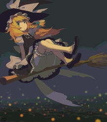 Rule 34 | 1girl, blonde hair, bloomers, blue eyes, bow, braid, broom, broom riding, dress, female focus, flying, frills, hair bow, hand on headwear, hat, iwamoto zerogo, kirisame marisa, light particles, mary janes, night, no socks, shoes, sidesaddle, sitting, sky, solo, touhou, underwear, white bloomers, witch, witch hat
