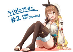 Rule 34 | 1girl, artist request, atelier (series), atelier ryza, atelier ryza 1, belt, beret, boots, bracelet, breasts, brown belt, brown eyes, brown footwear, brown gloves, brown hair, cleavage, commentary request, detached sleeves, gloves, hair ornament, hairclip, hat, jewelry, large breasts, long sleeves, looking at viewer, necklace, official art, one eye closed, open mouth, red shorts, reisalin stout, shorts, simple background, single glove, sitting, smile, solo, star (symbol), star necklace, teeth, thigh boots, thighhighs, thighs, toeless footwear, upper teeth only, white background, white hat, white thighhighs, zettai ryouiki