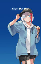 Rule 34 | 1girl, absurdres, admiral graf spee (azur lane), arm up, azur lane, baseball cap, black hat, black shorts, blue background, blue eyes, blue jacket, closed mouth, commentary request, drawstring, english text, eyes visible through hair, gradient background, hair over one eye, hand on headwear, hat, highres, hood, hood down, hoodie, jacket, long sleeves, mouth hold, multicolored hair, open clothes, open jacket, osisio, red hair, short shorts, shorts, silver hair, solo, streaked hair, white hoodie, wide sleeves
