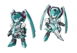Rule 34 | aqua necktie, arms at sides, bad id, bad pixiv id, clenched hands, flying, gun, hatsune miku, holding, holding gun, holding weapon, mecha, mechanization, mobile singer vocalion, multiple views, mutsuki aki, necktie, no humans, robot, simple background, standing, vocaloid, weapon, white background