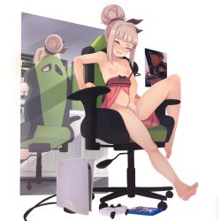 Rule 34 | 1girl, alternate costume, alternate hairstyle, azur lane, babydoll, bare arms, bare legs, bare shoulders, barefoot, black bow, bow, breasts, chair, collarbone, controller, das boot, female masturbation, frilled nightgown, game console, game controller, hair bun, lingerie, masturbation, mirror, mirror image, monitor, nekokyun, nightgown, office chair, open mouth, platinum blonde hair, playstation 5, poster (object), sidelocks, single hair bun, sitting, slit pupils, small breasts, solo, spaghetti strap, strap slip, swivel chair, thighs, u-96 (azur lane), u-96 (secret gaming session) (azur lane), underwear, yellow eyes