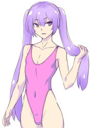 Rule 34 | 1boy, bulge, collarbone, covered navel, cowboy shot, hai (h81908190), leotard, male focus, matching hair/eyes, original, purple eyes, purple hair, simple background, solo, trap, twintails, white background