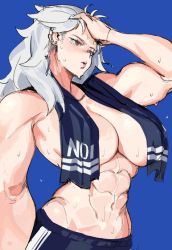 Rule 34 | 1girl, abs, blue background, breasts, dorohedoro, enn matien, large breasts, muscular, muscular female, noi (dorohedoro), red eyes, white hair