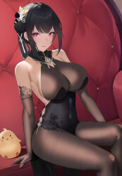 Rule 34 | 1girl, absurdres, azur lane, bare shoulders, black flower, black hair, black rose, breasts, chen hai (azur lane), covered navel, elbow gloves, flower, gloves, hair flower, hair ornament, highres, large breasts, looking at viewer, manjuu (azur lane), pantyhose, parted lips, pelvic curtain, red eyes, rose, sitting, solo focus, thighs, yomi1221