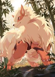 absurdres animal_focus arcanine bright_pupils brown_eyes claws closed_mouth commentary_request creatures_(company) fang game_freak gen_1_pokemon highres kechon-san nintendo no_humans pokemon pokemon_(creature) smile standing tree white_pupils