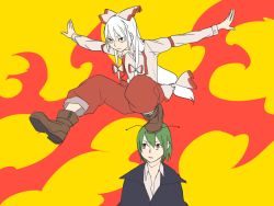 Rule 34 | 2girls, aharan, antennae, bad id, bad pixiv id, boots, brown eyes, cape, expressionless, female focus, fujiwara no mokou, green hair, multiple girls, on head, outstretched arms, pants, reverse trap, spread arms, suspenders, tomboy, touhou, tsurime, white hair, wriggle nightbug