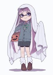 Rule 34 | 1girl, bad id, bad twitter id, black shorts, blunt bangs, bow, bowtie, brown footwear, cardigan, closed mouth, commentary request, dress shirt, ghost costume, gomi (kaiwaresan44), grey skirt, grey sweater, holding, inkling, inkling girl, inkling player character, jack-o&#039;-lantern, loafers, long hair, looking at viewer, loose bowtie, loose socks, miniskirt, multicolored stripes, nintendo, pleated skirt, pointy ears, pumpkin, purple eyes, purple hair, school uniform, shadow, shirt, shoes, shorts, shorts under skirt, simple background, skirt, smile, socks, solo, splatoon (series), splatoon 1, standing, striped bow, striped bowtie, striped clothes, striped neckwear, sweater, tentacle hair, white background, white legwear, white shirt, wing collar