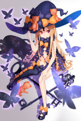 Rule 34 | abigail williams (fate), abigail williams (second ascension) (fate), black bow, black dress, black hat, black panties, black thighhighs, blonde hair, bow, bow legwear, bug, butterfly, dress, fate/grand order, fate (series), full body, hand on headwear, hat, hat bow, highres, insect, key, keyhole, long hair, looking at viewer, mary janes, navel, orange bow, oversized object, panties, pixiv fate/grand order contest 2, red eyes, revealing clothes, shadow, shoes, single thighhigh, sitting, skull print, smile, solo, star (symbol), star print, starry sky print, stuffed animal, stuffed toy, teddy bear, thighhighs, underwear, very long hair, witch hat