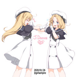 Rule 34 | 2girls, blonde hair, blue eyes, blue sailor collar, closed eyes, dated, dress, el (canon jihad), feet out of frame, gloves, hat, index finger raised, janus (kancolle), jervis (kancolle), kantai collection, koi dance, long hair, multiple girls, open mouth, parted bangs, sailor collar, sailor dress, sailor hat, short hair, short sleeves, simple background, standing, white background, white dress, white gloves, white headwear