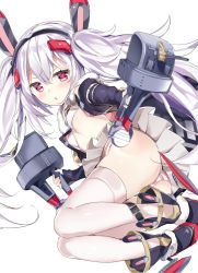 Rule 34 | 1girl, animal ears, ass, azur lane, black footwear, black gloves, black hairband, black jacket, boots, breasts, cannon, commentary request, elbow gloves, gloves, hair between eyes, hair ornament, hairband, highres, holding, jacket, kamioka shun&#039;ya, laffey (azur lane), laffey (retrofit) (azur lane), long hair, open clothes, open jacket, panties, parted lips, pleated skirt, rabbit ears, red eyes, revision, silver hair, skirt, small breasts, solo, striped clothes, striped panties, thighhighs, turret, twintails, underwear, v-shaped eyebrows, very long hair, white background, white skirt, white thighhighs