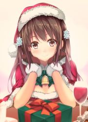 Rule 34 | 1girl, bell, blurry, blush, box, breasts, brown eyes, brown hair, capelet, cleavage, cup, depth of field, drinking glass, flower, gift, gift box, gintarou (kurousagi108), gloves, hair flower, hair ornament, hat, long hair, looking at viewer, original, red gloves, santa costume, santa hat, smile, solo, wine glass