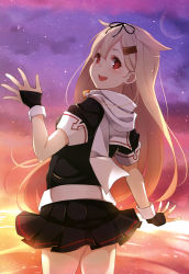 Rule 34 | 10s, 1girl, :d, absurdres, blonde hair, fingerless gloves, gloves, gradient background, hair flaps, hair ribbon, highres, kantai collection, kujou ichiso, lipstick, long hair, looking back, makeup, night, non-web source, nyantype, official art, open mouth, pleated skirt, red eyes, ribbon, scarf, school uniform, serafuku, skirt, sky, smile, solo, star (sky), star (symbol), starry sky, tears, very long hair, white scarf, yuudachi (kancolle), yuudachi kai ni (kancolle)