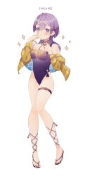 Rule 34 | 1girl, absurdres, adapted costume, artist name, bernadetta von varley, breasts, cleavage, closed mouth, earrings, fire emblem, fire emblem: three houses, grey eyes, highres, inkanii, jewelry, nintendo, one-piece swimsuit, purple hair, simple background, solo, swimsuit, thigh strap, white background