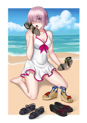 Rule 34 | 1girl, absurdres, beach, blush, breasts, cleavage, fate/grand order, fate (series), glasses, highres, licking, mash kyrielight, medium breasts, oirin, pink hair, purple eyes, shoes, short hair, tongue