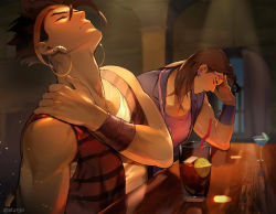 Rule 34 | 2boys, alcohol, black hair, black jacket, brown eyes, champagne, closed mouth, dark-skinned male, dark skin, drinking straw, earrings, glass, highres, indoors, jacket, jewelry, jojo no kimyou na bouken, juice, leotard, long hair, multiple boys, n&#039;doul, open mouth, purple leotard, red jacket, shirt, sleeveless, smile, stardust crusaders, table, vanilla ice, white shirt, window, zouhyou (at4190)