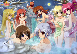 Rule 34 | 6+girls, absurdres, ahoge, arf, blonde hair, blue eyes, blush, breast hold, breasts, brown hair, cleavage, covering breasts, covering privates, fate testarossa, female focus, highres, kinako hiro, large breasts, long hair, lyrical nanoha, mahou shoujo lyrical nanoha, mahou shoujo lyrical nanoha a&#039;s, mahou shoujo lyrical nanoha a&#039;s portable: the battle of aces, medium breasts, moon, multiple girls, naked towel, night, non-web source, nude, nude cover, official art, onsen, open mouth, pink eyes, pink hair, ponytail, purple eyes, red eyes, reinforce, same-sex bathing, scan, shamal, shared bathing, short hair, signum, silver hair, single hair intake, sky, small breasts, snow, snowman, statue, takamachi nanoha, towel, very long hair, vita (nanoha), wading, water, winter, yagami hayate, zafira