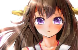 Rule 34 | 10s, 1girl, antennae, backlighting, bad id, bad pixiv id, brown hair, collarbone, hair ornament, kantai collection, kongou (kancolle), long sleeves, looking at viewer, open mouth, personification, portrait, purple eyes, solo, upper body, velia