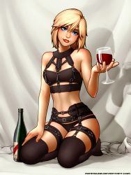 Rule 34 | 1girl, absurdres, alcohol, amy (aidenke), black legwear, black panties, blonde hair, blue eyes, borrowed character, bottle, breasts, collar, commentary, cup, cupping glass, drinking glass, english commentary, eyebrows, full body, garter straps, hand on own thigh, head tilt, highres, lingerie, lips, lipstick, looking at viewer, makeup, navel, original, panties, ronindude, seiza, short hair, sitting, small breasts, solo, swept bangs, thigh strap, thighhighs, toned, underwear, underwear only, wine, wine bottle, wine glass