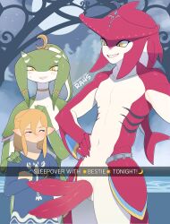 Rule 34 | 1girl, 2boys, absurdres, bisexual male, blonde hair, colored skin, crossed arms, english text, erection, extra penises, fingernails, fins, gills, green skin, hand on another&#039;s shoulder, hand on own hip, head fins, highres, horns, husband and wife, interspecies, link, monster boy, monster girl, multiple boys, nintendo, pointy ears, ra4s, red skin, sharp fingernails, sharp teeth, sidon, smile, standing, teeth, the legend of zelda, the legend of zelda: tears of the kingdom, uncensored, yellow eyes, yona (zelda), zora
