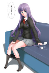 Rule 34 | 1girl, breasts, cardigan, clothes pull, come hither, couch, feet, female focus, green eyes, legs, long hair, miniskirt, original, pantyhose, pantyhose pull, pleated skirt, purple hair, shin&#039;ya (shin&#039;yanchi), sitting, skirt, solo, translated, white background