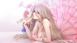 Rule 34 | 1girl, bare shoulders, blonde hair, blue eyes, breasts, cleavage, commentary, dress, eyes visible through hair, finger to mouth, flower, frilled dress, frills, from side, hair between eyes, highres, large breasts, layered dress, long hair, looking at viewer, lying, masami chie, nail polish, on stomach, original, pink dress, pink nails, reflection, reflective floor, signature, simple background, solo, straight hair, very long hair