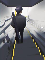 Rule 34 | 1boy, bag, black hair, black jacket, black pants, chromatic aberration, commentary, escalator, facing away, facing to the side, film grain, from behind, full body, hands in pockets, highres, jacket, kenmochi touya, kenmochi touya (1st costume), long sleeves, male focus, nijisanji, pants, profile, short hair, shoulder bag, solo, stairs, standing, subway station, symbol-only commentary, underground, virtual youtuber, vuvuzuke, weapon case
