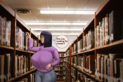 Rule 34 | 1girl, black hair, blue eyes, blush, book, breasts, clothes, exhibitionism, glasses, highres, joylewds, large breasts, library, looking at viewer, medium hair, nico robin, one piece, public indecency, speech bubble