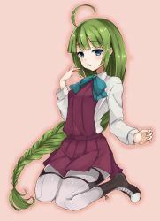 Rule 34 | 10s, 1girl, ahoge, ankle boots, ascot, blue eyes, blunt bangs, boots, braid, brown footwear, collared shirt, cradle (2849), cross-laced footwear, dress, gradient background, green hair, grey pantyhose, highres, kantai collection, lace-up boots, long hair, long sleeves, looking at viewer, mole, mole under mouth, open mouth, pantyhose, purple dress, shirt, single braid, solo, very long hair, white shirt, yuugumo (kancolle)