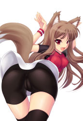 Rule 34 | 00s, animal ears, ass, bent over, bike shorts, brown hair, cameltoe, caramelldansen, cleft of venus, covered erect nipples, fang, fujirin, holo, long hair, raglan sleeves, red eyes, spice and wolf, tail, thighhighs, wolf ears, wristband