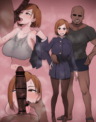 Rule 34 | 1boy, 1girl, absurdres, bald, bra, breasts, brown hair, censored, dark-skinned male, dark skin, finger in another&#039;s mouth, highres, jujutsu kaisen, kugisaki nobara, large breasts, large penis, lipstick mark, lipstick mark on penis, neko (pixiv28238559), pantyhose, penis, penis on face, spread mouth, tagme, tongue, tongue out, underwear, veins, veiny penis
