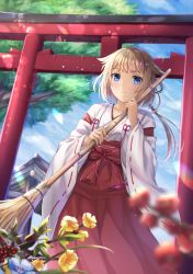 Rule 34 | 1girl, alternate costume, blonde hair, blue eyes, blue sky, braid, broom, cevio, cloud, cloudy sky, commentary request, day, expressionless, flower, hakama, hakama skirt, highres, holding, holding broom, japanese clothes, kimono, looking at viewer, miko, multicolored hair, one (cevio), orange hair, outdoors, red hakama, short hair with long locks, shrine, single braid, skirt, sky, solo, torii, tree, white kimono, wide sleeves