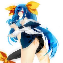 Rule 34 | 1girl, arc system works, ayakichi, bad id, bad pixiv id, bare shoulders, blue hair, bow, breasts, detached sleeves, dizzy (guilty gear), female focus, guilty gear, hair bow, large breasts, long hair, looking back, navel, no panties, red eyes, simple background, solo, tail, underboob, white background